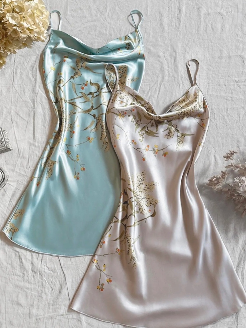 Silky Floral Cowl Neck Chemise Slip - Light Blue & Light Silver